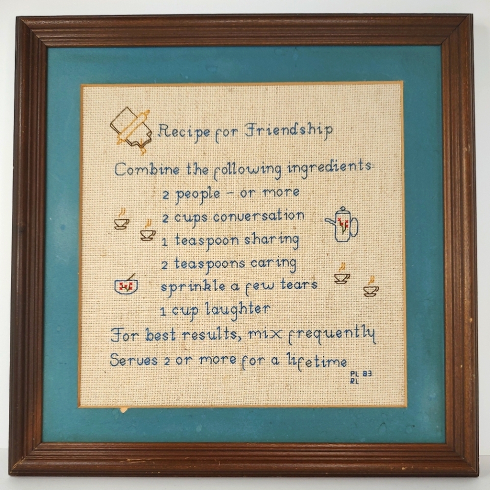 Vintage 1983 Completed Stitched Recipe For Friendship Framed No Glass